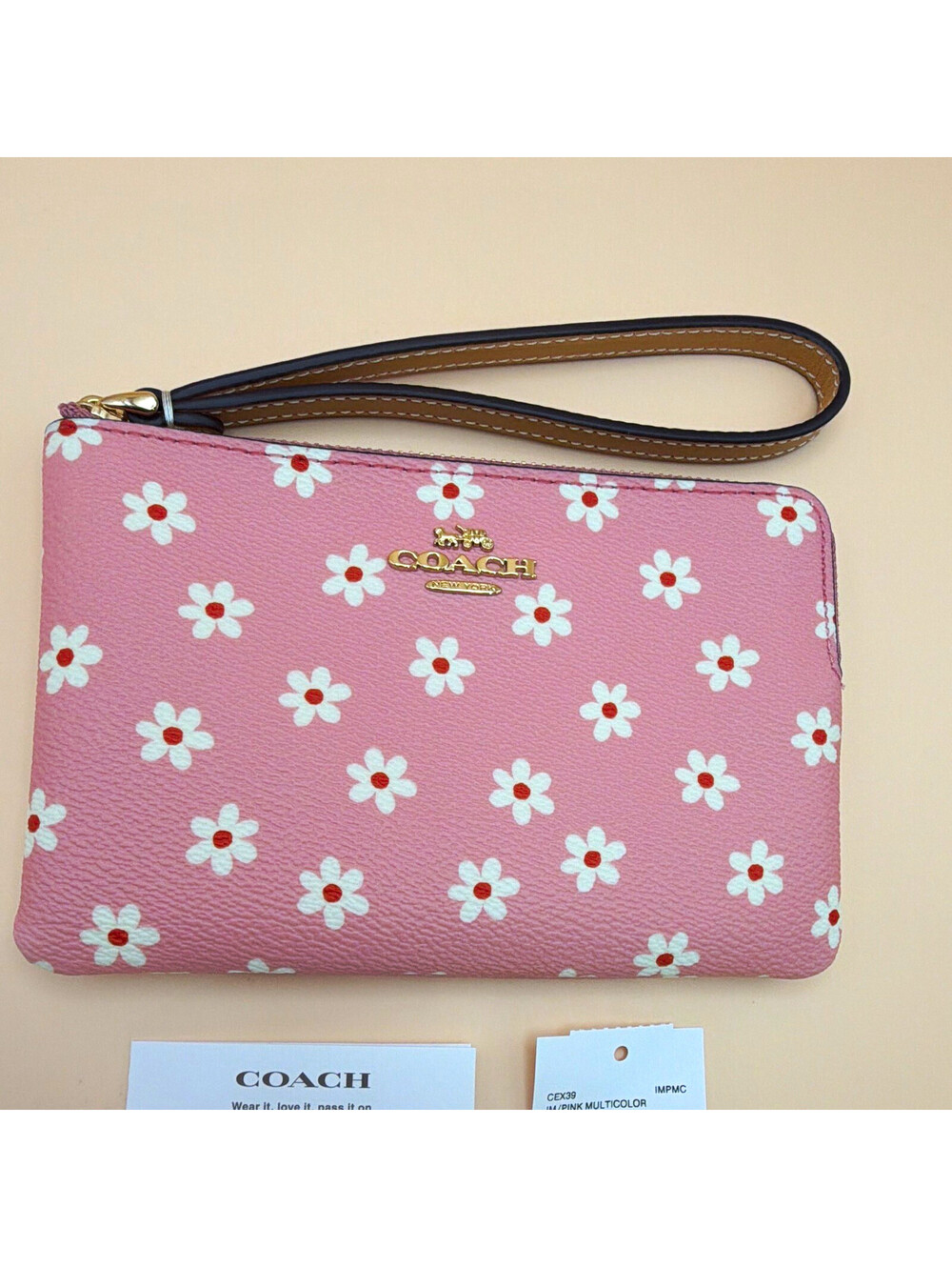 Coach Corner Zip Wristlet Wallet Pink White Floral Print Logo Wrist Strap CEX39